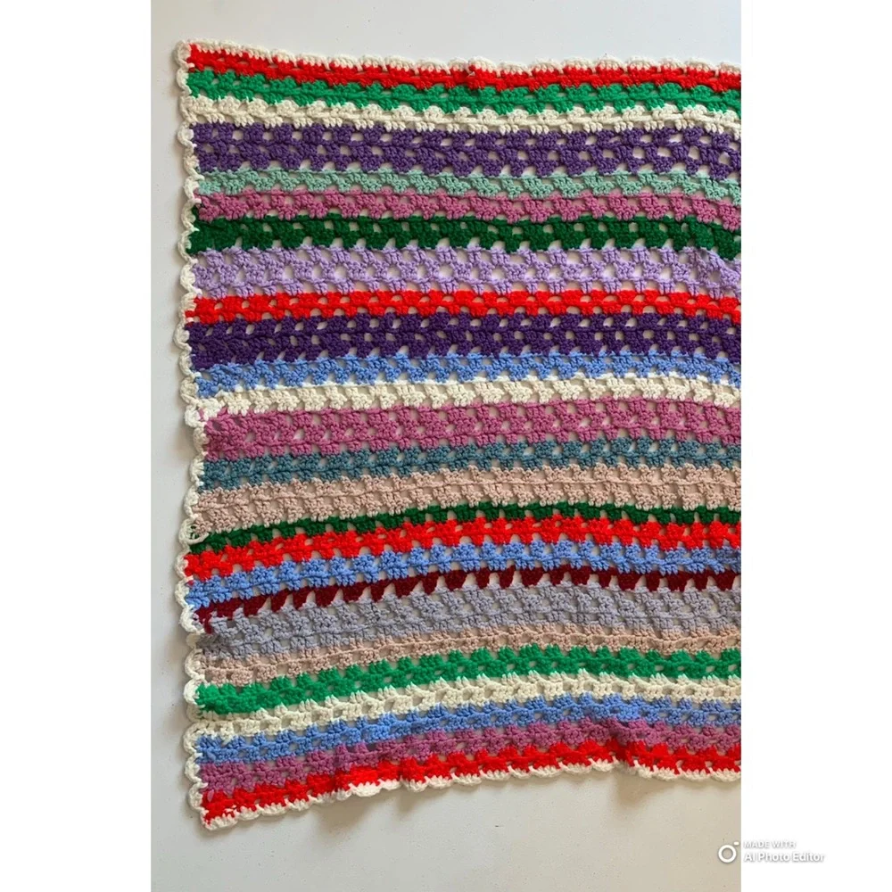 Vintage Handmade Multicolor Crochet Knit Afghan Throw Blanket